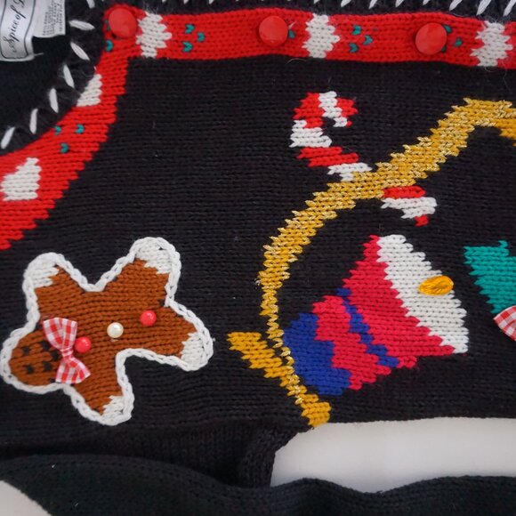 VTG Spice of Life Black Holiday Gingerbread Cardigan Cotton Festive Grandma S/P - Picture 9 of 11